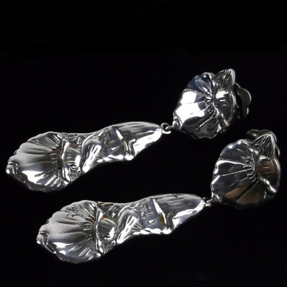 Big Vintage Heavy Sterling Silver Drop Earrings Designer Signed
